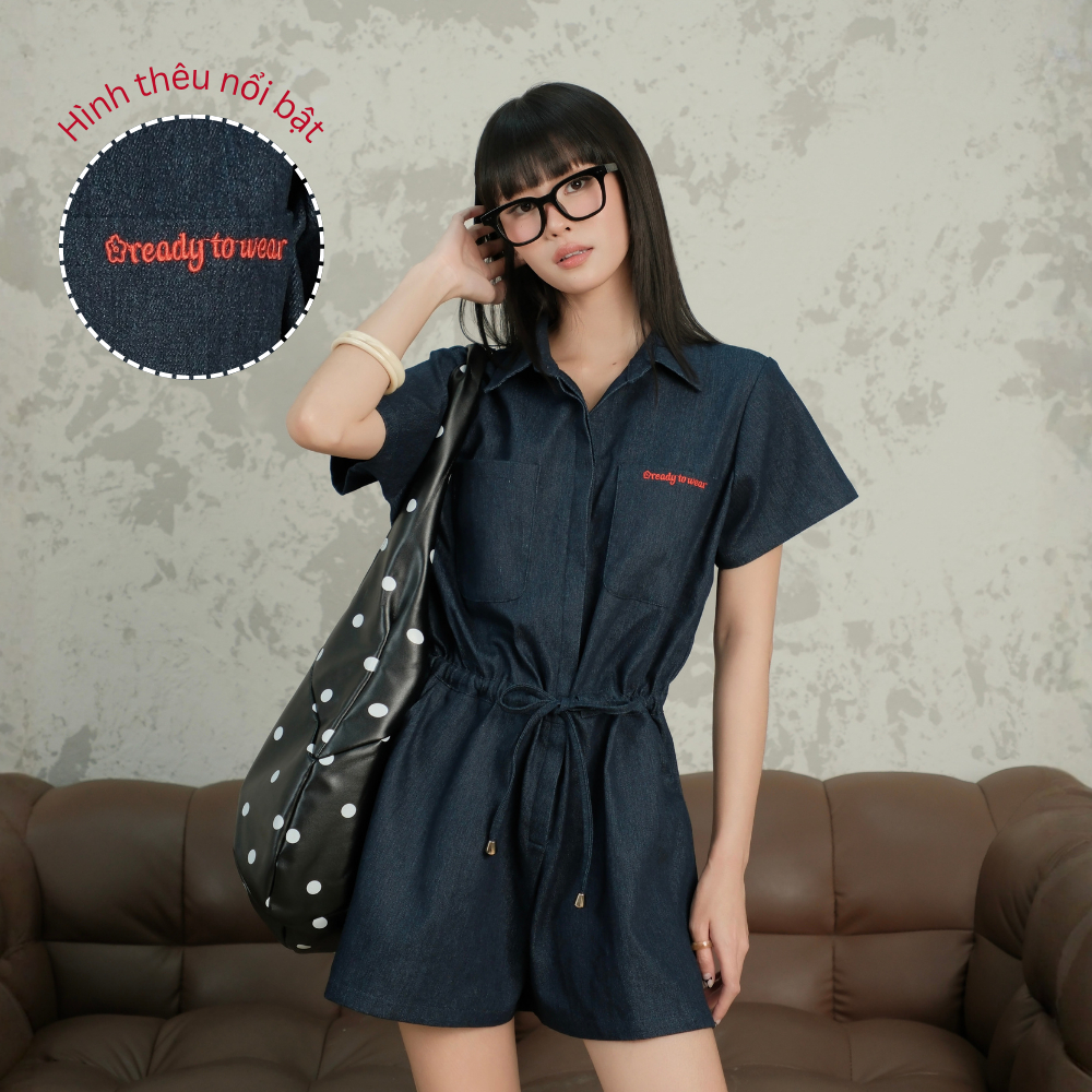Jumpsuit jean nữ Selly Miều Est.2013 đồ liền thân quần ngắn thêu chữ Ready to wear trẻ trung