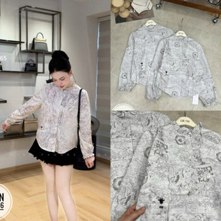 Áo sơ mi dài tay cổ bèo hoạ tiết DO thêu ong cúc đôi #82166