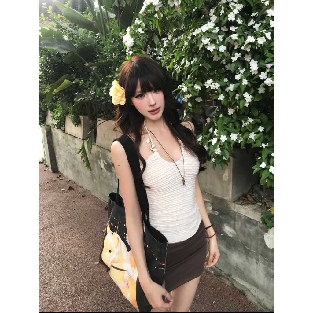 (sẵn)Áo yếm sát nách đi biển màu be trắng hoạ tiết lưới và phụ kiện buộc dây ASN071 - Tiktik