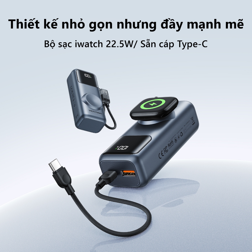 Pin Sạc Dự Phòng 10000mAh 22.5W Vention Tích Hợp Sạc Từ Tính, Sẵn Cáp Sạc Type-C Đi kèm, Thiết Kế Nhỏ Gọn