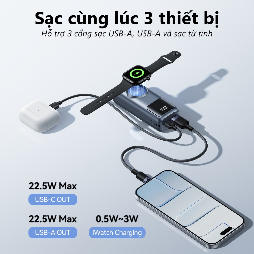 Pin Sạc Dự Phòng 10000mAh 22.5W Vention Tích Hợp Sạc Từ Tính, Sẵn Cáp Sạc Type-C Đi kèm, Thiết Kế Nhỏ Gọn