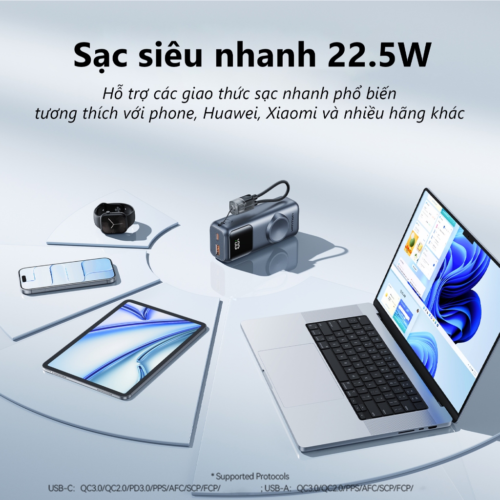 Pin Sạc Dự Phòng 10000mAh 22.5W Vention Tích Hợp Sạc Từ Tính, Sẵn Cáp Sạc Type-C Đi kèm, Thiết Kế Nhỏ Gọn