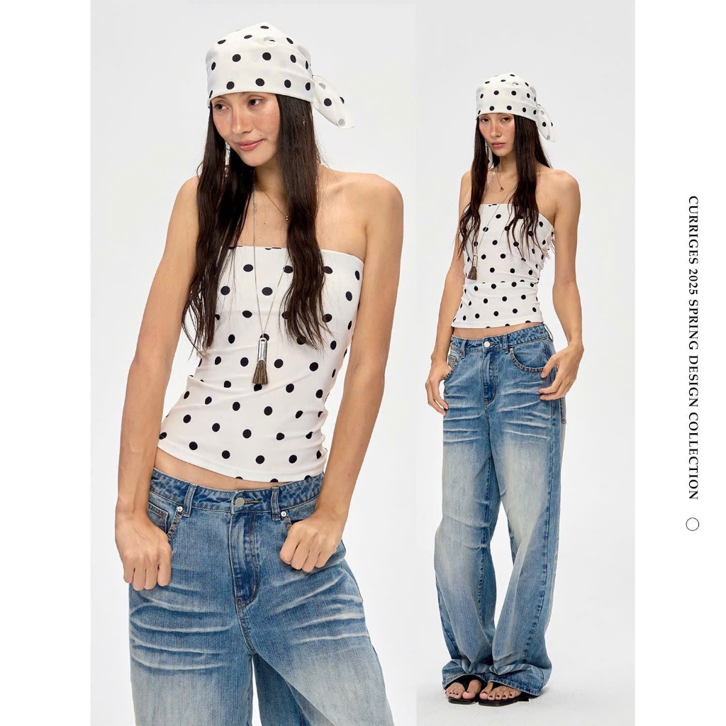 (sẵn)Áo ống quây trắng chấm bi chất cotton co giãn có đường silicon mép trên giữ áo AQ015- Tiktik