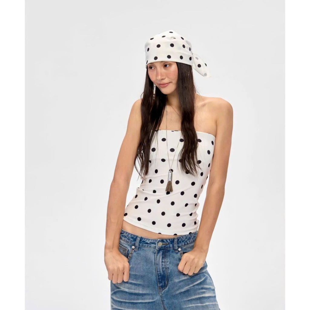 (sẵn)Áo ống quây trắng chấm bi chất cotton co giãn có đường silicon mép trên giữ áo AQ015- Tiktik
