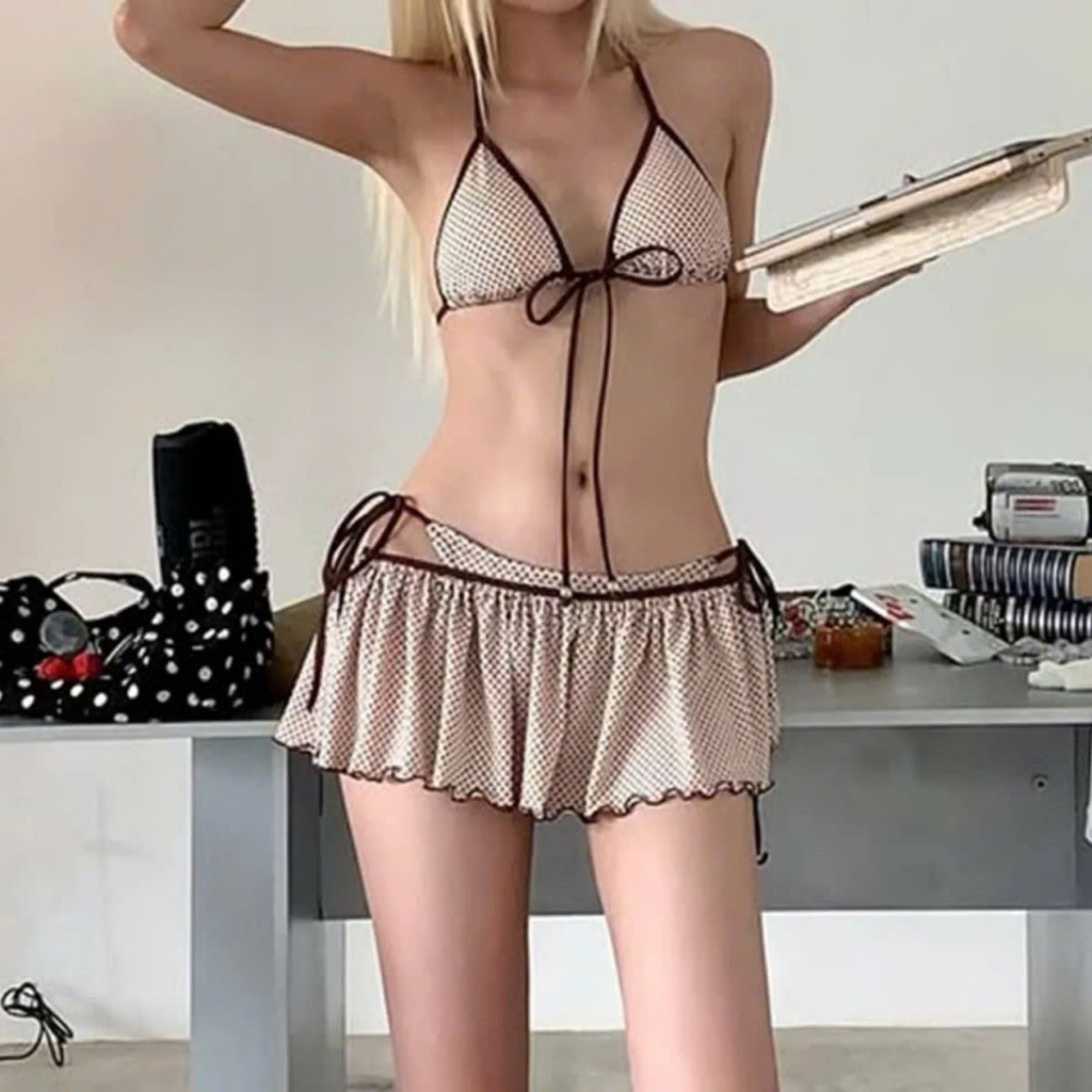 (sẵn )Set bộ bikini 3 món màu hồng chấm bi viền nâu 2 mảnh tiểu thư BKN006 - Tiktik