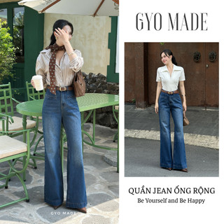 Quần jean ống rộng nữ GYOMADE® wash xanh đậm chất jean cotton đứng form tôn dáng | GQ015B