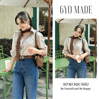 Áo sơ mi nữ tay dài sọc nâu GYOMADE® chất cotton pha cao cấp ít nhăn thanh lịch, thoải mái | GA099
