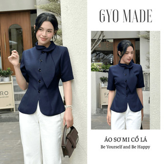 Áo sơ mi kiểu nữ GYOMADE® cổ lá thanh lịch chất liệu chéo gân đứng form dày dặn, may 2 lớp | GA072
