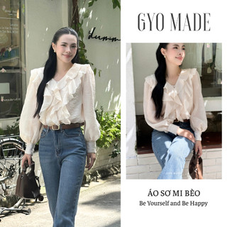 Áo sơ mi nhún cổ bèo GYOMADE® chất voan xước mềm cao cấp không ngứa nóng, có lớp lót trong | GA081