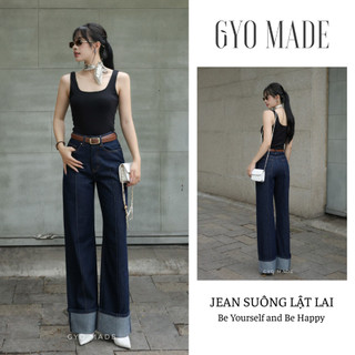 Quần jean nữ ống suông đứng lật lai GYOMADE® cạp cao tôn dáng chất cotton cao cấp cá tính | GQ020