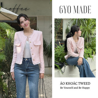 Áo khoác Tweed cao cấp GYOMADE® hồng Pastel phủ kim tuyến, 2 lớp đệm vai, nút đồng không gỉ | GA088