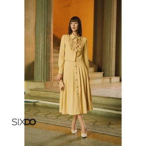 Chân váy xòe dập ly SIXDO (Yellow Woven Flared Skirt)