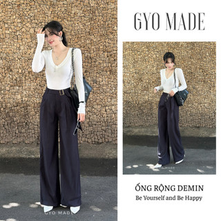 Quần ống rộng nữ xanh xám GYOMADE® Denim cao cấp có khoen lưng, đứng form mềm rũ tôn dáng | GQ019