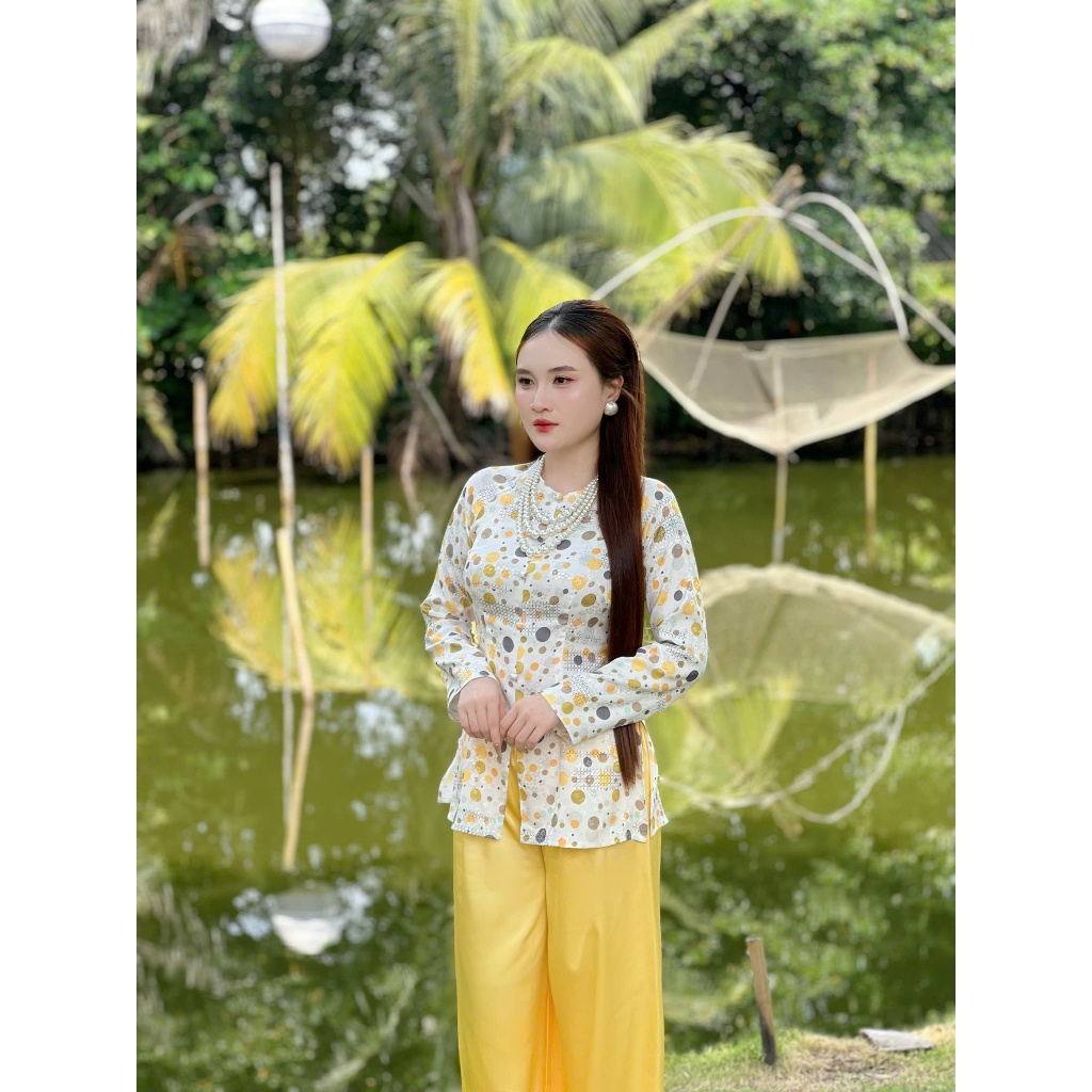 Hân Nguyễn Áo Bà Ba - B.A187 - Áo Bà Ba Chấm Bi Ngọc Lam Cổ Tròn Dây Kéo Nút Nụ Bọc ( Quần Ngọc Trai )