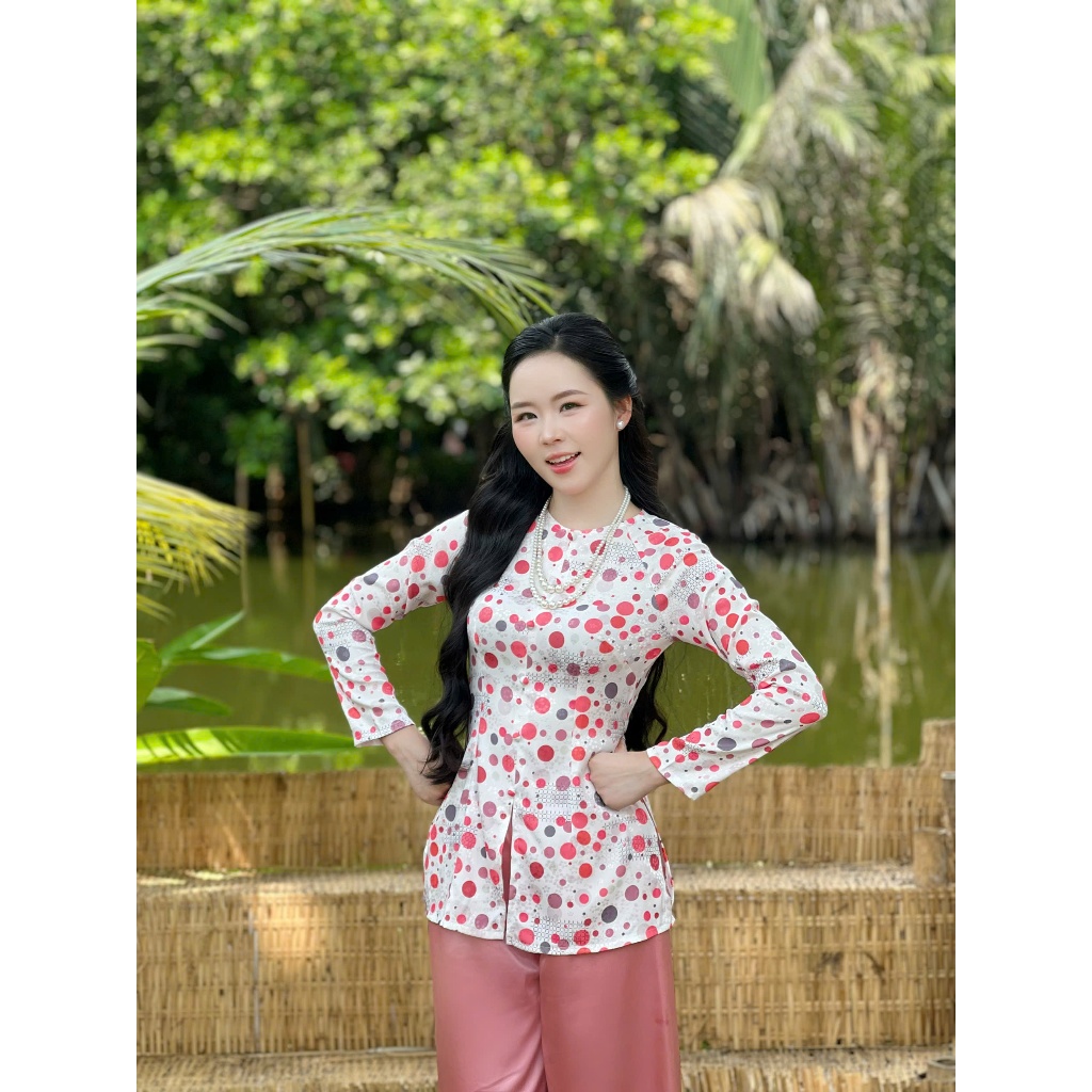 Hân Nguyễn Áo Bà Ba - B.A187 - Áo Bà Ba Chấm Bi Ngọc Lam Cổ Tròn Dây Kéo Nút Nụ Bọc ( Quần Ngọc Trai )