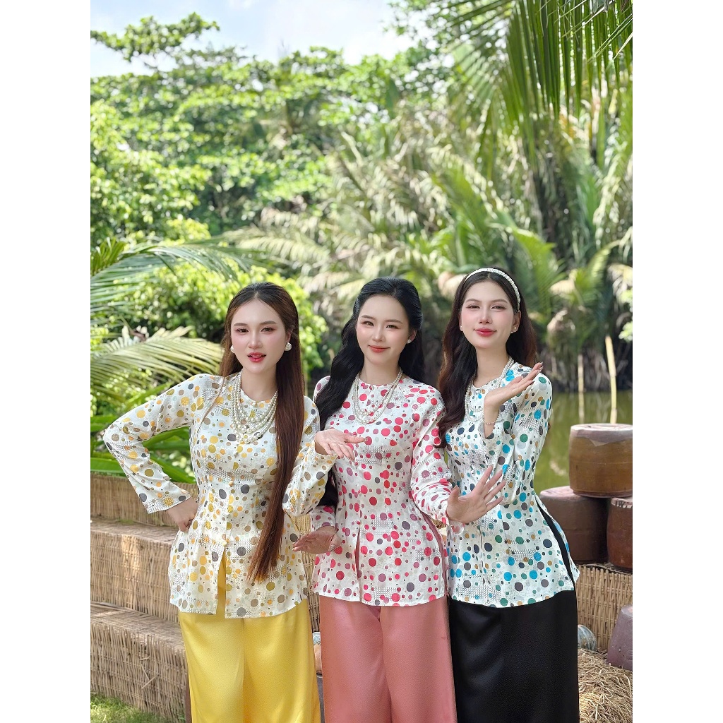 Hân Nguyễn Áo Bà Ba - B.A187 - Áo Bà Ba Chấm Bi Ngọc Lam Cổ Tròn Dây Kéo Nút Nụ Bọc ( Quần Ngọc Trai )