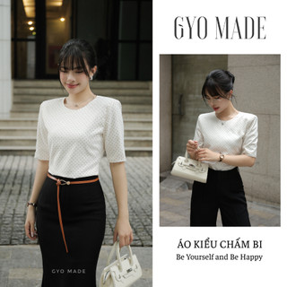Áo kiểu chấm bi GYOMADE® cổ tròn tay lửng, chất lụa mềm 2 lớp, đệm vai đứng form thanh lịch | GA087