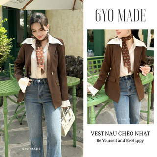 Áo vest nâu ôm dáng GYOMADE® chất chéo Nhật cao cấp may 2 lớp, có mút đệm vai thanh lịch | GA100