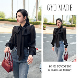 [NEW] Áo sơ mi kiểu cột nơ GYOMADE® chất tơ nhũ mềm cao cấp kèm bra mút ngực thanh lịch | GA104