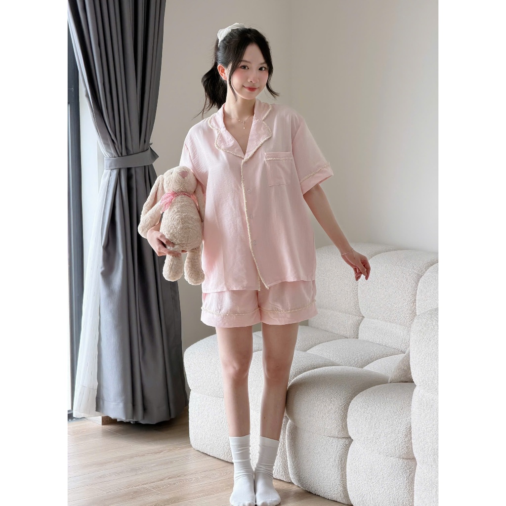 MB-SET-026 Set đồ ngủ ngắn tay sọc đơn phối ren cào Maybee Homedress