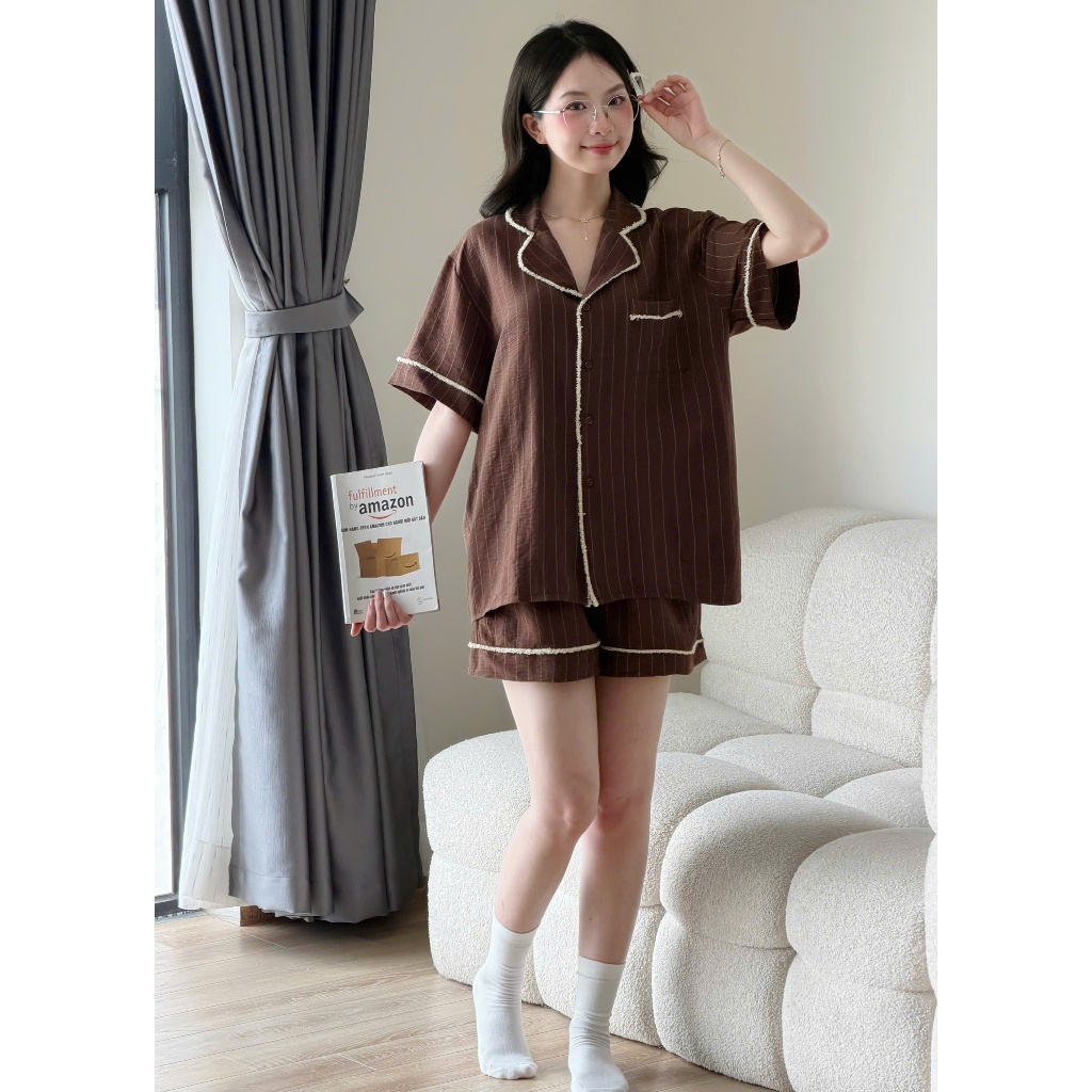 MB-SET-026 Set đồ ngủ ngắn tay sọc đơn phối ren cào Maybee Homedress