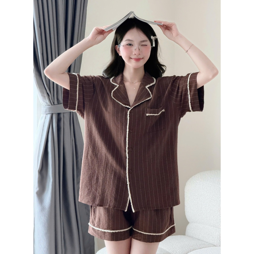 MB-SET-026 Set đồ ngủ ngắn tay sọc đơn phối ren cào Maybee Homedress
