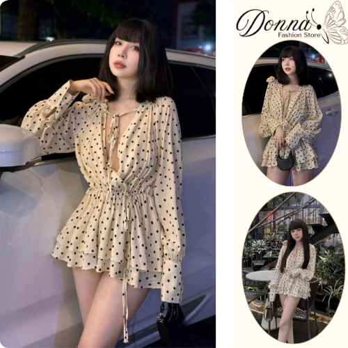 Đầm nữ, váy nữ DONNA HCOM2901 tay dài hoạ tiết chấm bi cổ V bo chun eo tôn dáng, cực xinh