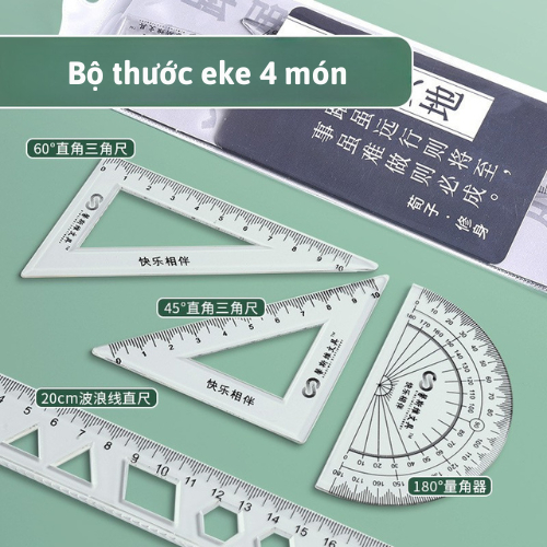 Bộ Thước Kẻ Eke, Bộ Thước Kẻ Hình Học 4 Món, Bộ Thước Kẻ Đa Năng Chất Liệu Acrylic Trong Suốt