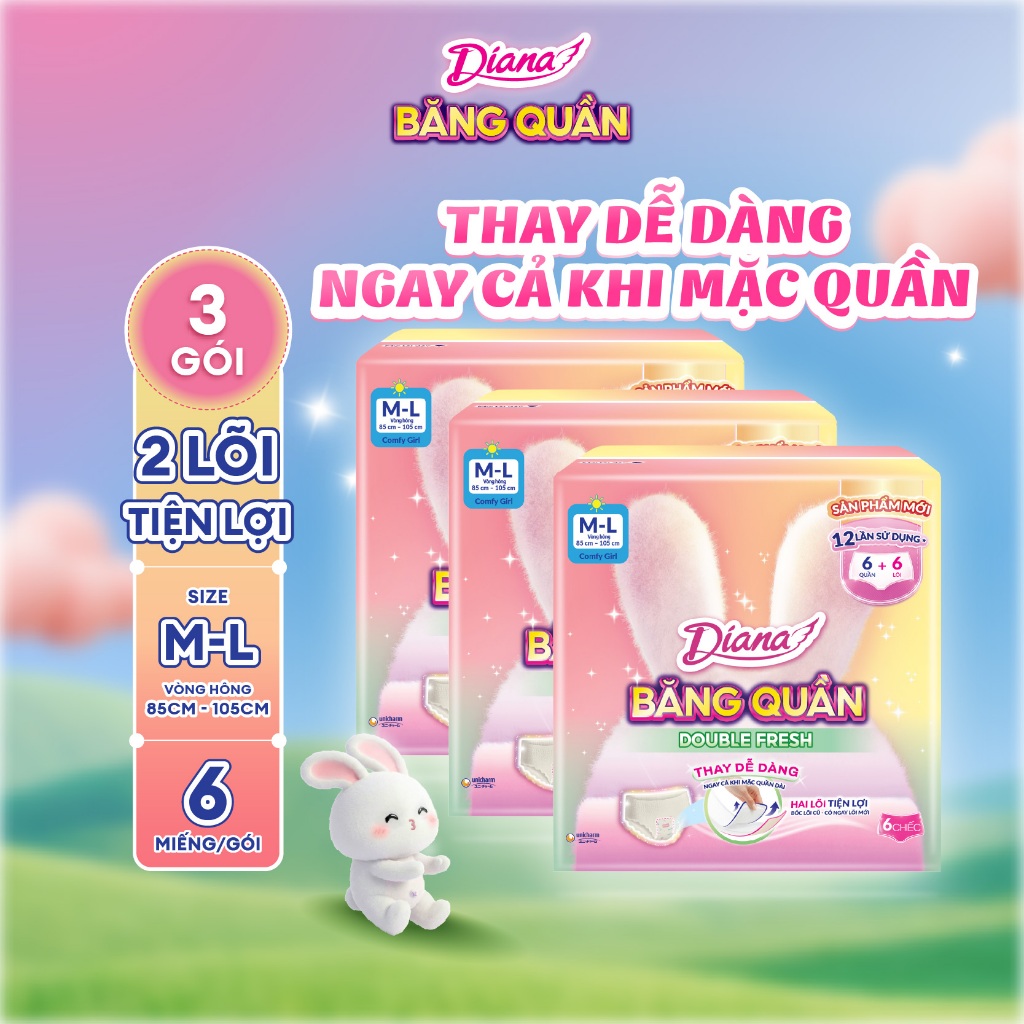 [MỚI] Băng Quần 2 lõi Diana Double Fresh, size M-L/L-XL 6 miếng/gói, thay lõi dễ dàng, không lộ viền
