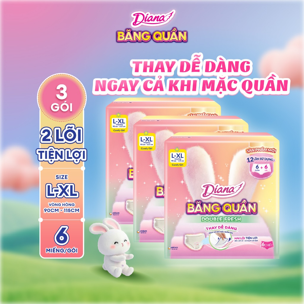 [MỚI] Băng Quần 2 lõi Diana Double Fresh, size M-L/L-XL 6 miếng/gói, thay lõi dễ dàng, không lộ viền
