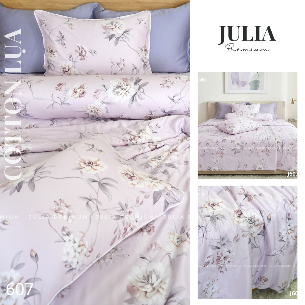 Bộ Chăn Ga Gối Cotton Lụa 100% sợi tự nhiên Cao Cấp Julia- Mềm Mịn, Thoáng Mát, Ga Giường Bọc Thun – Nhiều Màu J6H