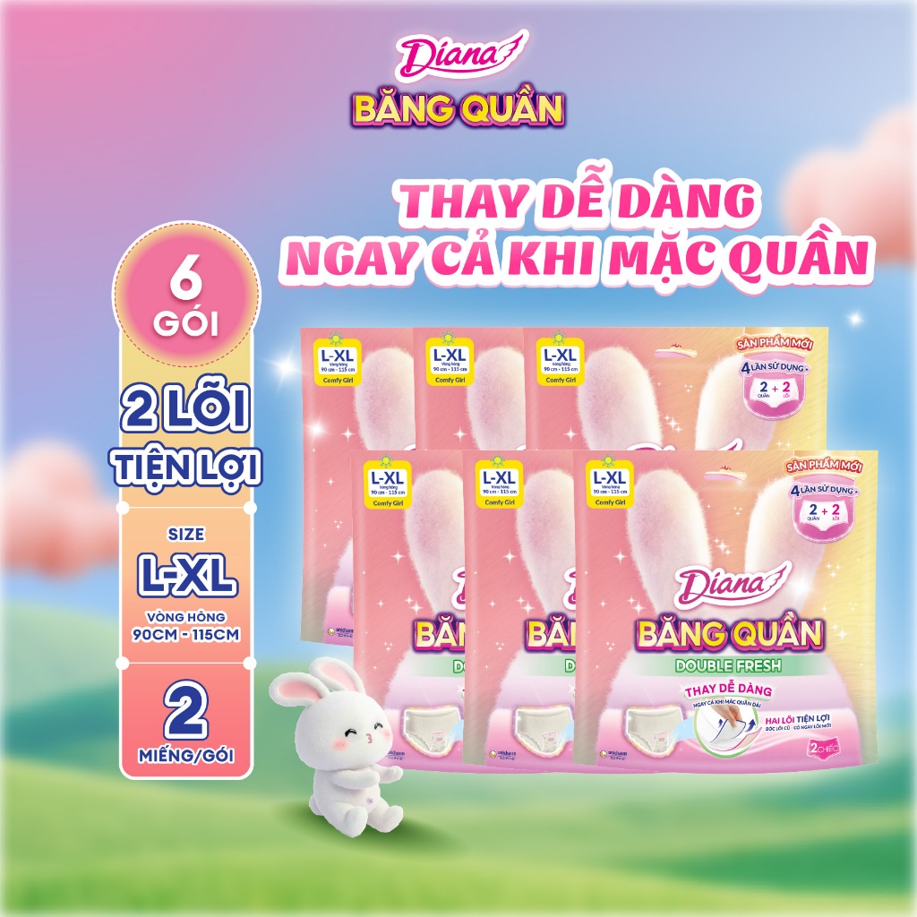 [Băng Quần thay lõi] Combo 6 gói Băng Quần 2 lõi Diana Double Fresh, size M-L/L-XL, 2 miếng/gói