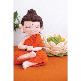 [ COMBO ] Decor PHẬT CÀ SA CAM tọa HOA SEN TRẮNG bằng Len - SIZE cao 24 cm