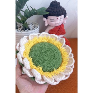 [ COMBO ] Decor PHẬT CÀ SA CAM tọa HOA SEN TRẮNG bằng Len - SIZE cao 24 cm