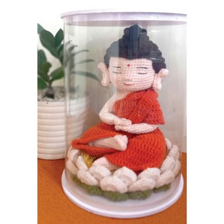 [ COMBO ] Decor PHẬT CÀ SA CAM tọa HOA SEN TRẮNG bằng Len - SIZE cao 24 cm