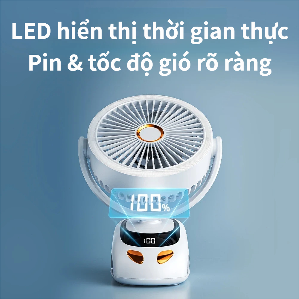 Quạt Kẹp Để Treo 3 Trong 1 | 5 Cấp Tốc Độ | Động Cơ Không Chổi Than | Đèn Ngủ | Sạc Nhanh Type-C | 30000mAh | 12h+ Dùng