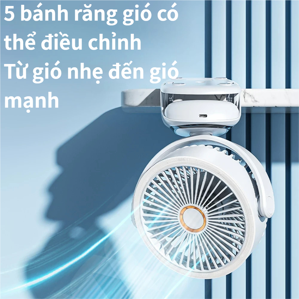 Quạt Kẹp Để Treo 3 Trong 1 | 5 Cấp Tốc Độ | Động Cơ Không Chổi Than | Đèn Ngủ | Sạc Nhanh Type-C | 30000mAh | 12h+ Dùng