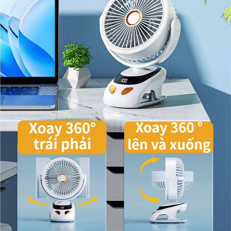 Quạt Kẹp Để Treo 3 Trong 1 | 5 Cấp Tốc Độ | Động Cơ Không Chổi Than | Đèn Ngủ | Sạc Nhanh Type-C | 30000mAh | 12h+ Dùng