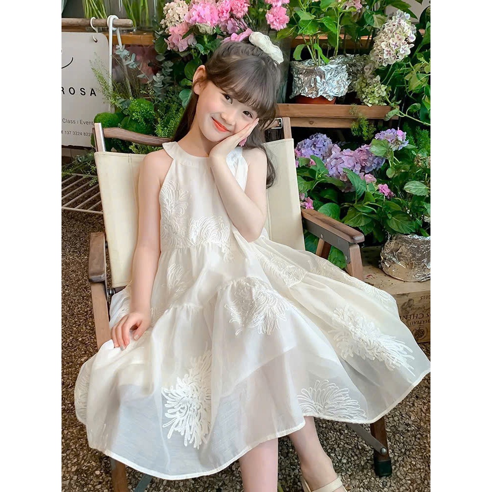Đầm yếm bé gái thêu hoa dáng xòe nhẹ phong cách tiểu thư cho mẹ và bé ,váy cặp mẹ và bé diện dự tiệc