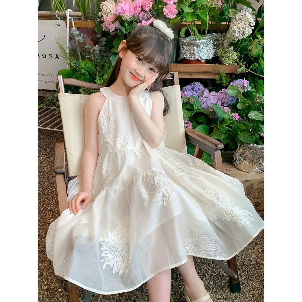 Đầm yếm bé gái thêu hoa dáng xòe nhẹ phong cách tiểu thư cho mẹ và bé ,váy cặp mẹ và bé diện dự tiệc