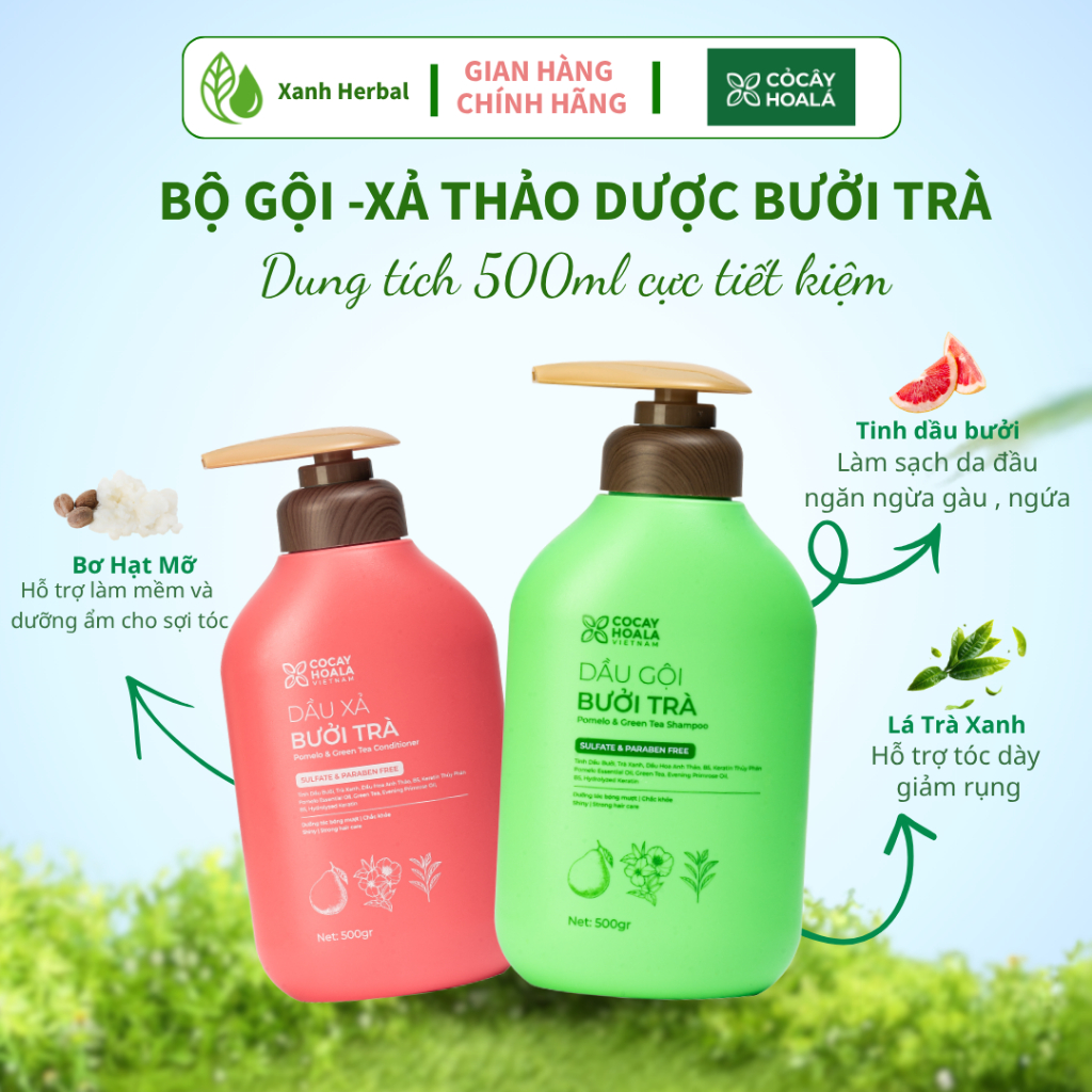 Combo Dầu Gội Xả Bưởi Trà Cỏ Cây Hoa Lá 500g, Phục Hồi Tóc Hư Tổn, Dưỡng Tóc Mềm Mượt, Chiết Xuất Vỏ Bưởi Trà Xanh
