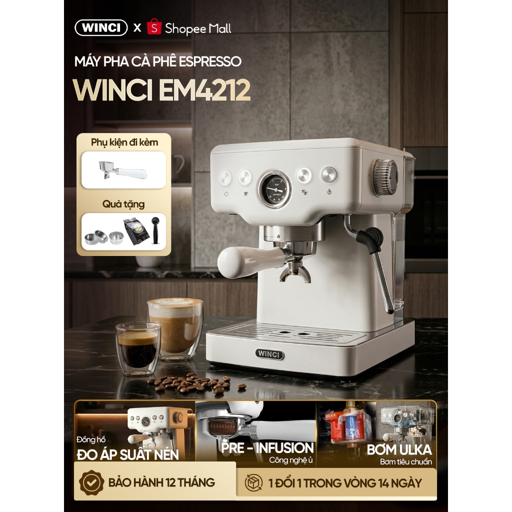 [Bao Gồm VAT] Máy pha cà phê Espresso Winci EM4212, vòi đánh sữa pha latte, cappuccino. Bảo hành 1 năm.