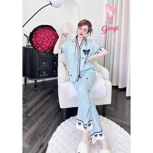 Đồ mặc nhà lụa mềm,mịn,mát,áo tay ngắn quần dài cổ Y hoạ tiết sang xịn mịn,size40-60kg