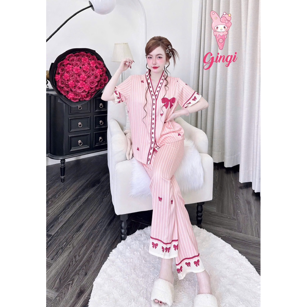 Đồ mặc nhà lụa mềm,mịn,mát,áo tay ngắn quần dài cổ Y hoạ tiết sang xịn mịn,size40-60kg