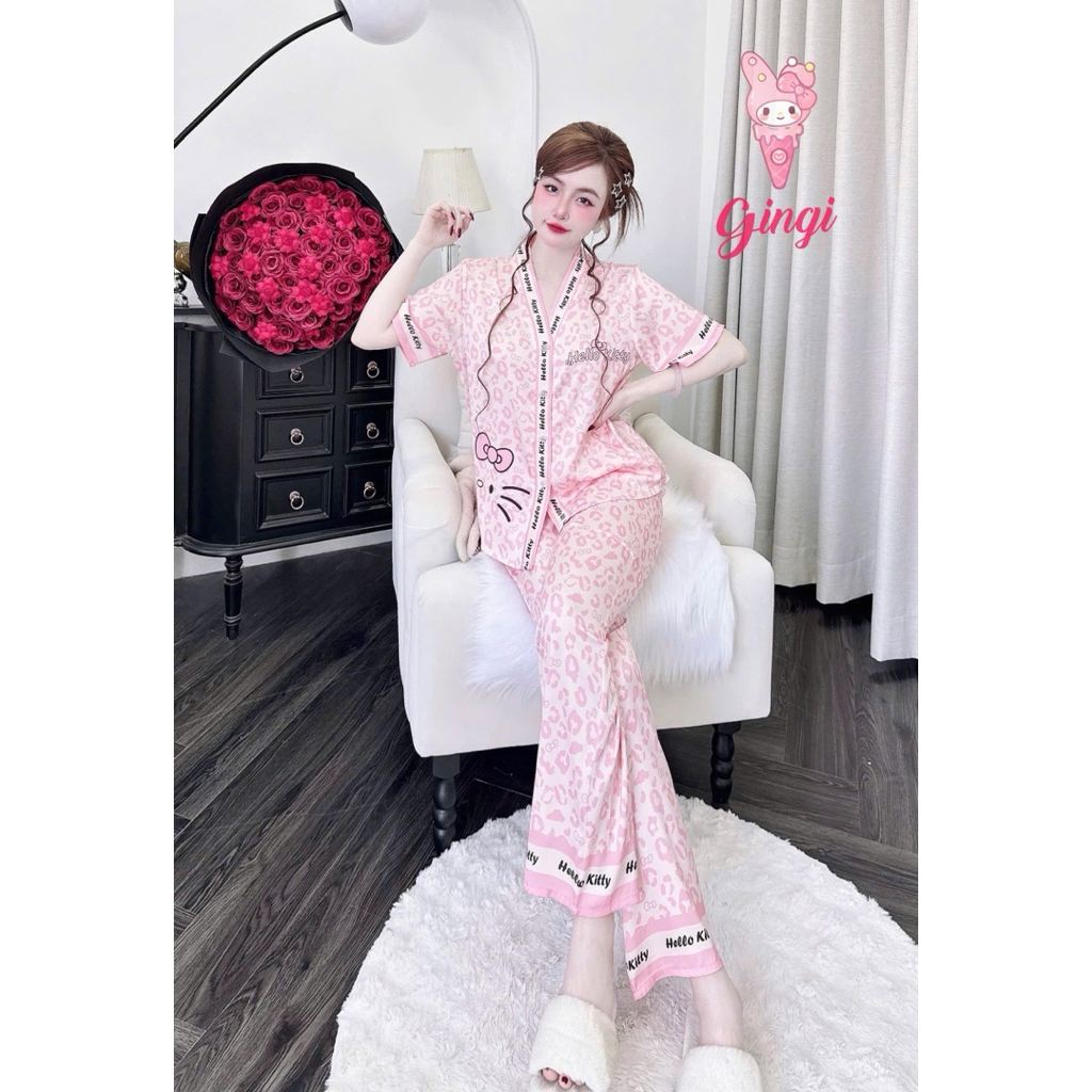 Đồ mặc nhà lụa mềm,mịn,mát,áo tay ngắn quần dài cổ Y hoạ tiết sang xịn mịn,size40-60kg