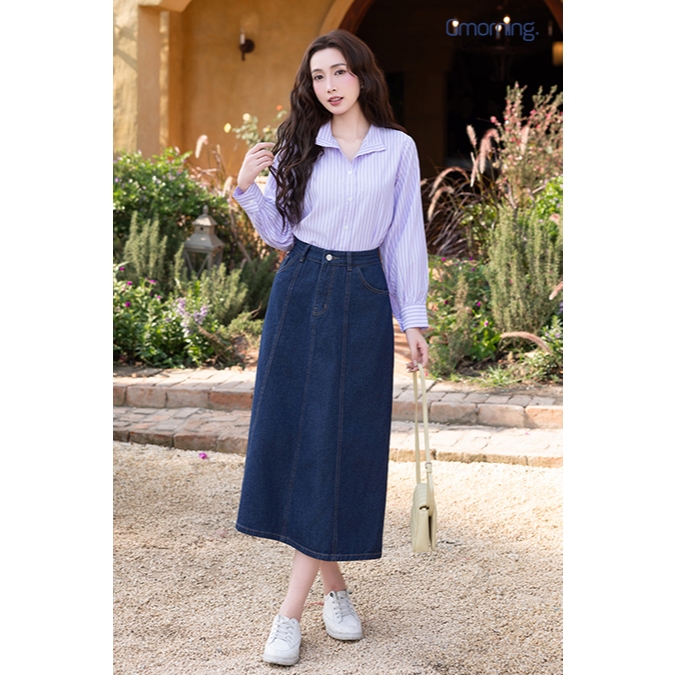 Chân Váy Midi Denim GMORNING Form A Cách Điệu Phối Chỉ Vàng Trẻ Trung YVJG04010