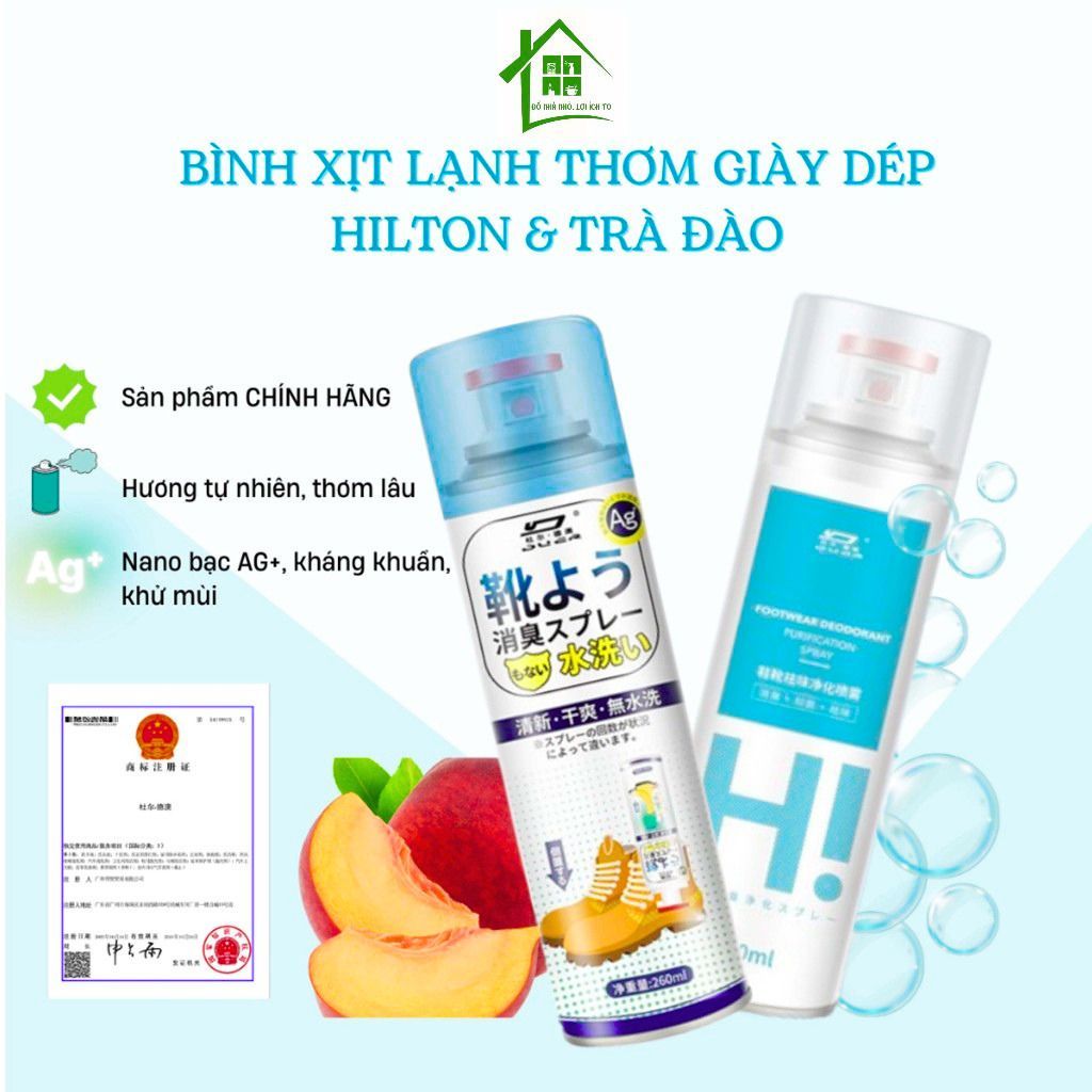 Bình xịt khử mùi hôi giày dép nano bạc Shoes 2h lọ 260ml Hilton, Trà Đào chuyên dùng làm thơm,