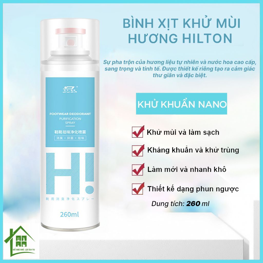 Bình xịt khử mùi hôi giày dép nano bạc Shoes 2h lọ 260ml Hilton, Trà Đào chuyên dùng làm thơm,