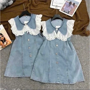 Đầm jean bé gái form suông cổ bèo ren tiểu thư phong cách Hàn Quốc dễ thương mẹ và bé gái 13-55kg