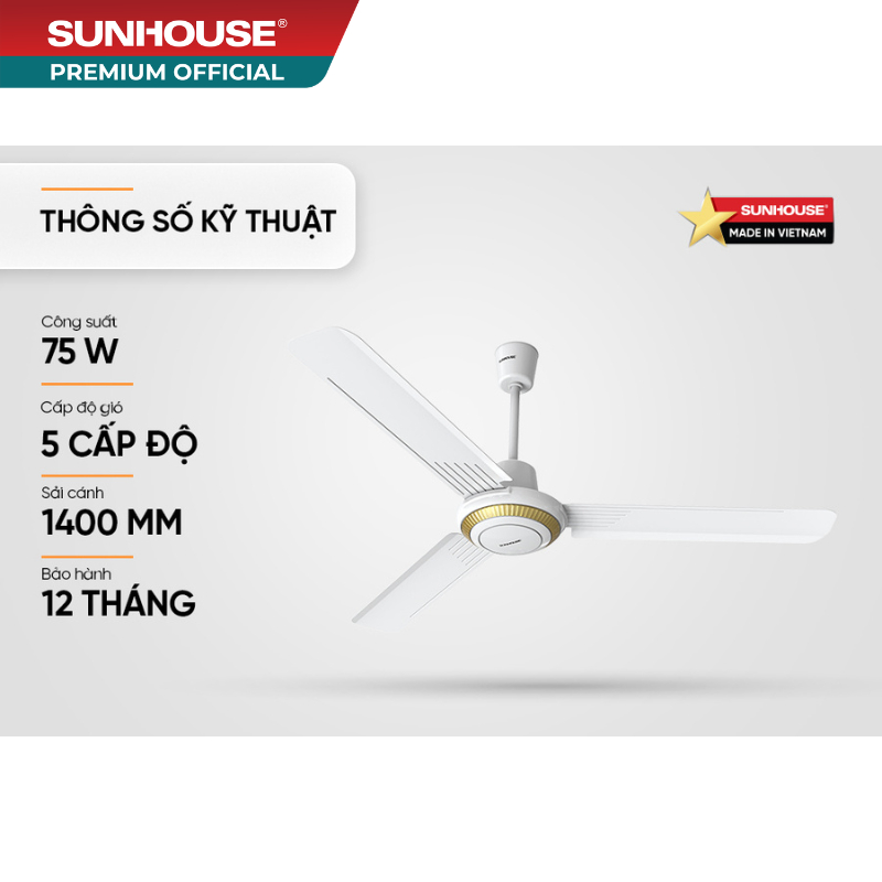 [HỖ TRỢ LẮP ĐẶT] Quạt trần 3 cánh Sunhouse SHD7659 - 5 tốc độ gió, tiết kiệm điện năng